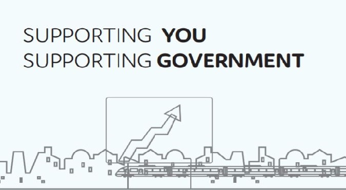 Outline of city skyline and image of graph with text saying 'supporting you, supporting government'