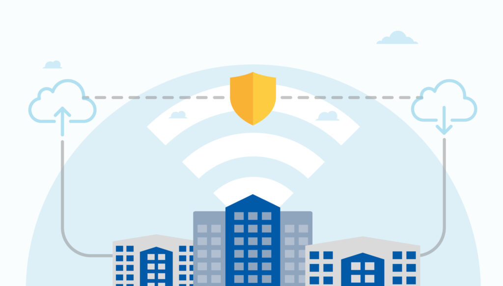 Image depicting buildings connected to two clouds by a grey line, one going into cloud on left and other coming out of cloud on right. Dotted line runs in between clouds at top of image, with shield in middle symbolizing data protection. Image sits against blue background with wifi symbol.